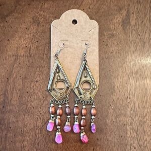 Earrings - Bohemian Brown and Pink Dangle Earrings